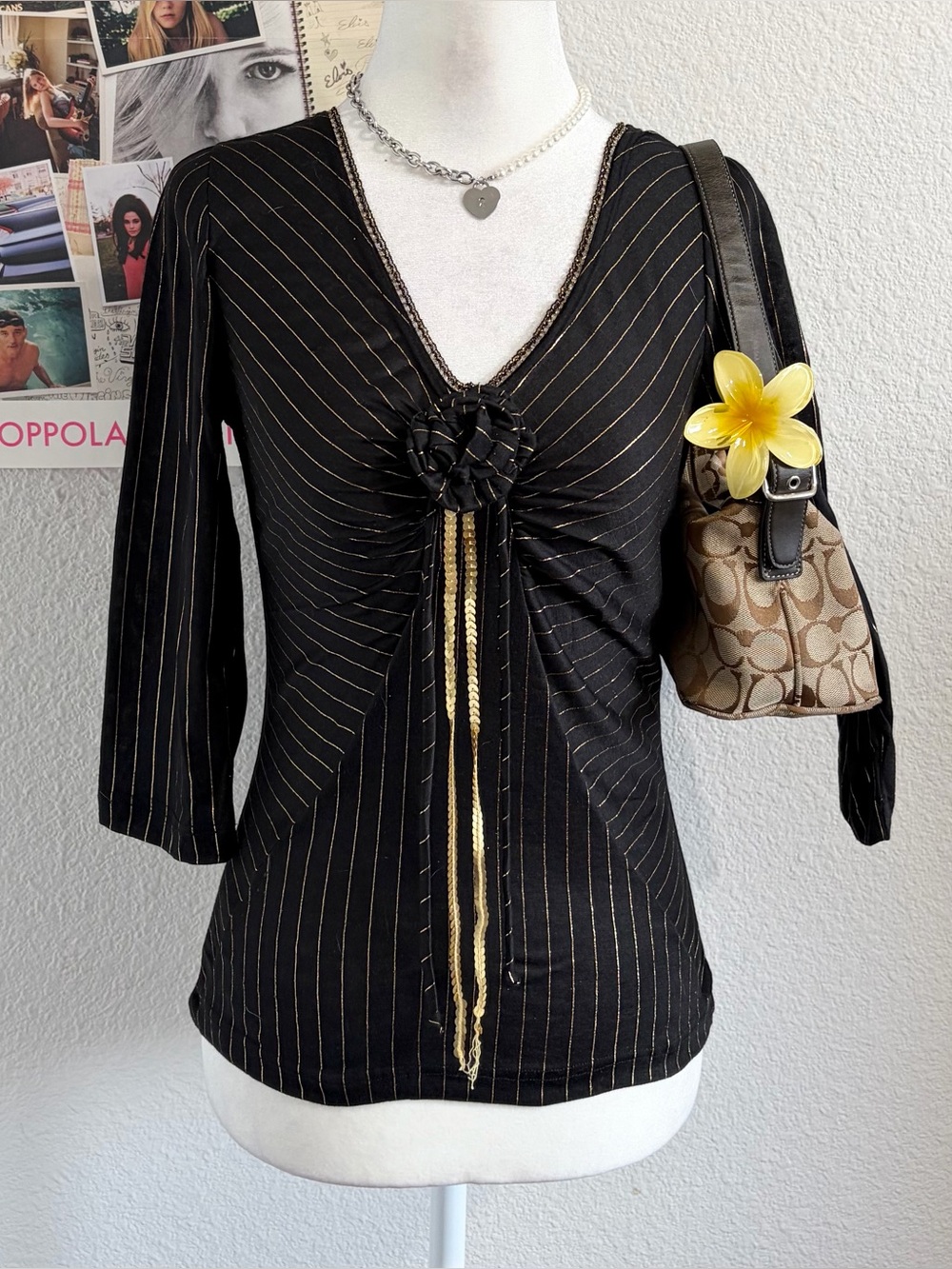 Vintage Y2K Deadstock Office Siren Pinstripe V-Neck Floral Blouse 3/4 Sleeve Top